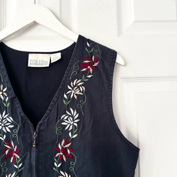 For Her Van Heusen Navy Blue Floral Embroidered Zip Cotton Cottage Vest Medium - Picture 4 of 7